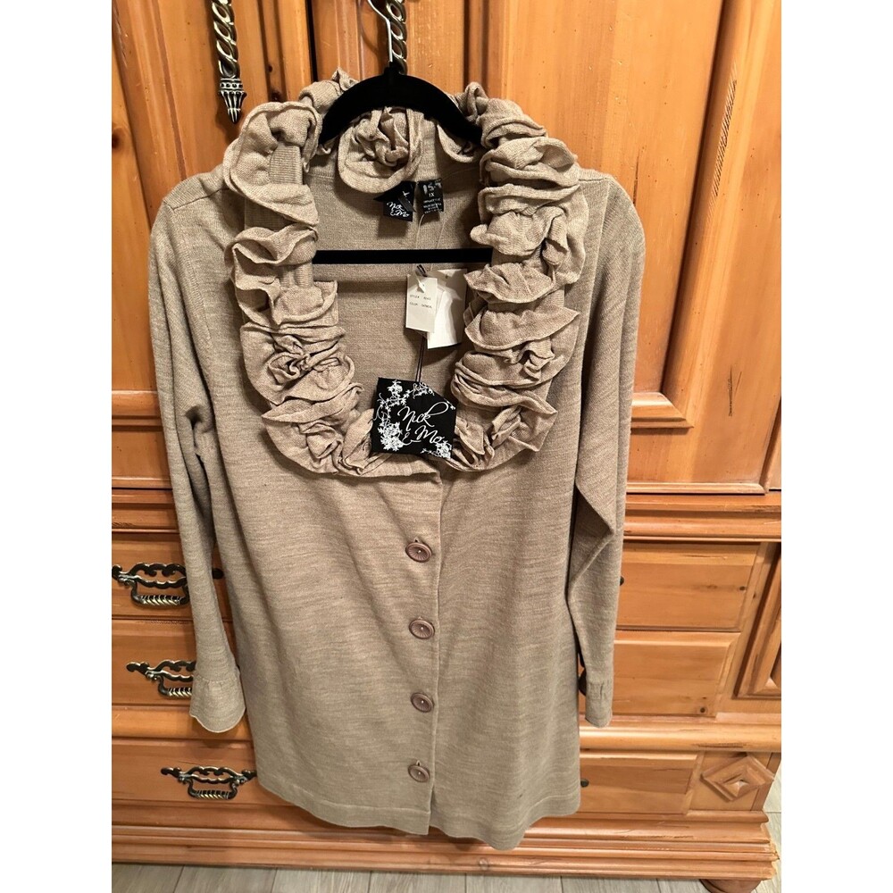 NWT Nic & Mo Oatmeal Ruffle Shawl Collar Cardigan Sweater Duster Plus Size 1X XL